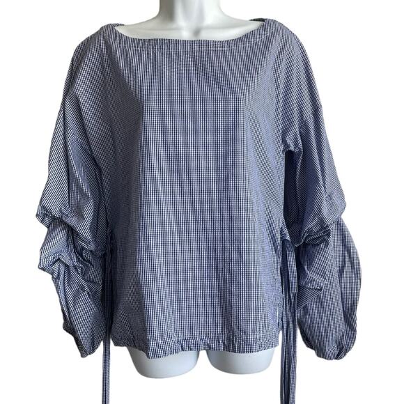 Max‎ Jeans Women Top S Blue Small Checkered Tiered Puff Sleeve Back Tie Preppy - Picture 1 of 14